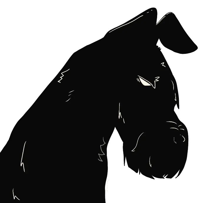 Charcoal, mascota de Moonie, de perfil.